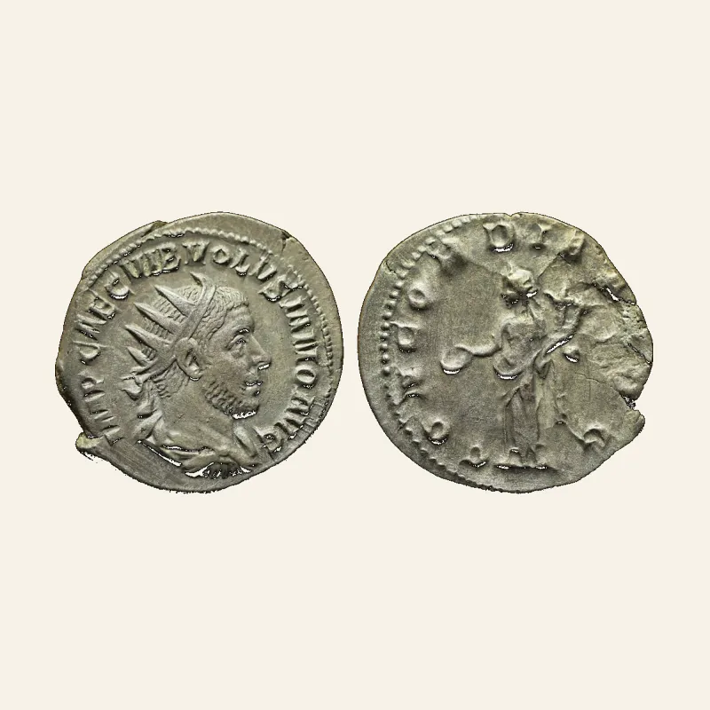 Obverse, of the antoninianus, for Volusian (251-253), Antoninianus, Rome, AD 251-253; AR (g 3,62; mm 22), mint of Rome...