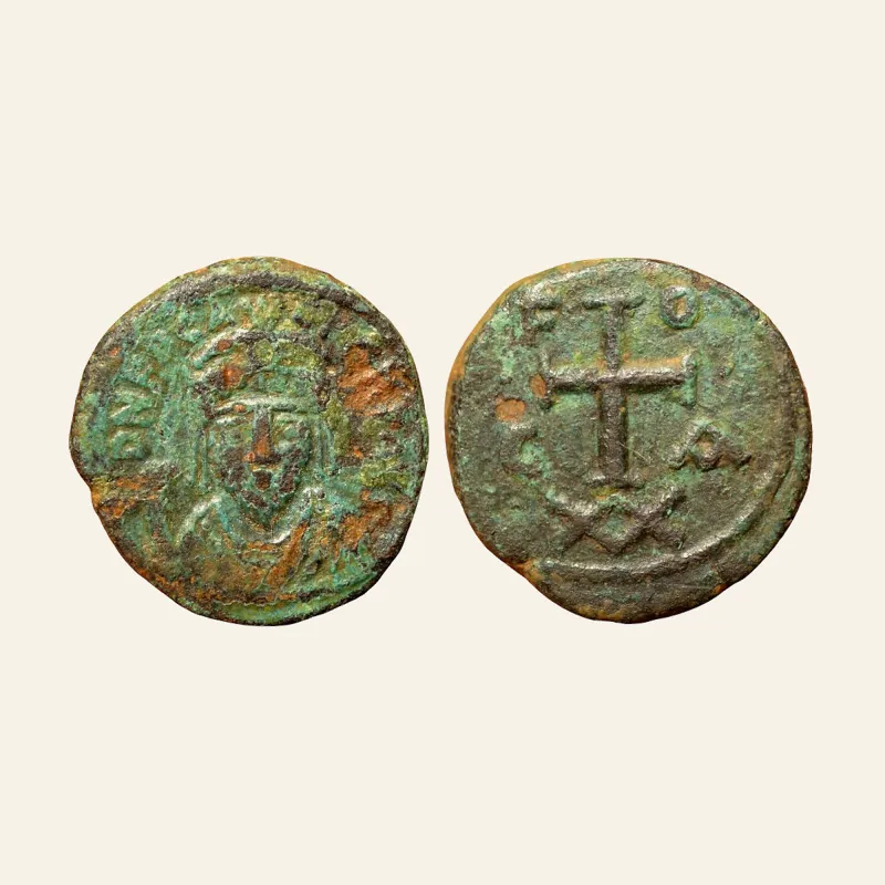 Obverse, of the follis, for Phocas. 602-610. Æ Half follis (20mm, 6.07 g,). Carthage mint. Scarce, mint of Carthage, 602-610