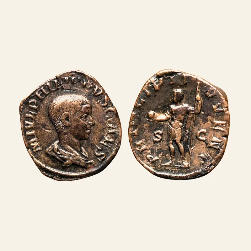 Obverse, of the sestertius, for PHILIP II. as Caesar, 244-247 AD. Æ Sestertius, 247 AD