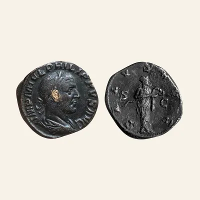 Avers, du sestertius, pour PHILIPPUS I , 244-249. AE Sestertius. SALVS AVG, 244-249, RIC RIC 91