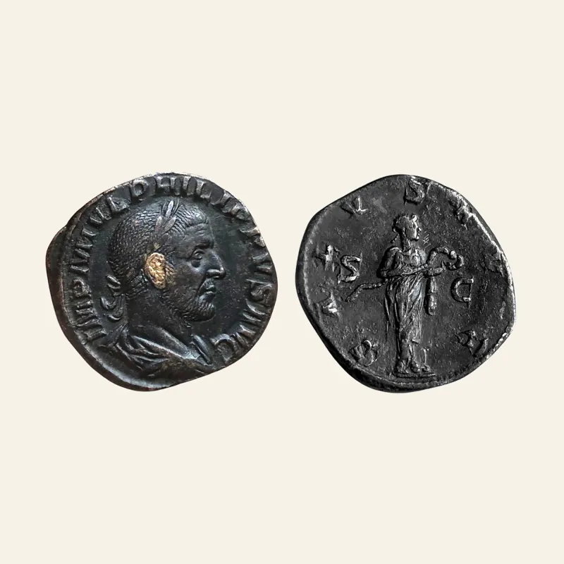 Obverse, of the sestertius, for PHILIPPUS I , 244-249. AE Sestertius. SALVS AVG, 244-249