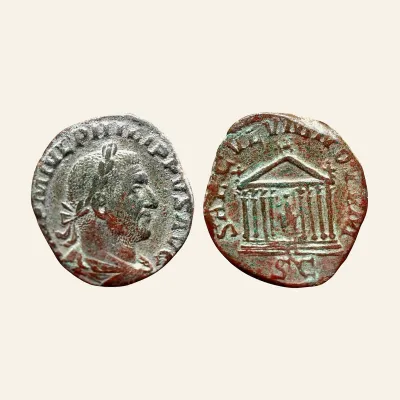 Reverse, of the sestertius, for Philippus I 244-249 AD - AE Sestertius, 248 AD - SAECVLVM NOVVM, mint of Rome, 249 AD