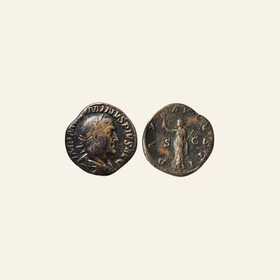 Reverse, of the sestertius, for MAXIMINUS I. 235-238 AD. Æ Sestertius (22.57 gm). Struck 235 AD., 238 AD