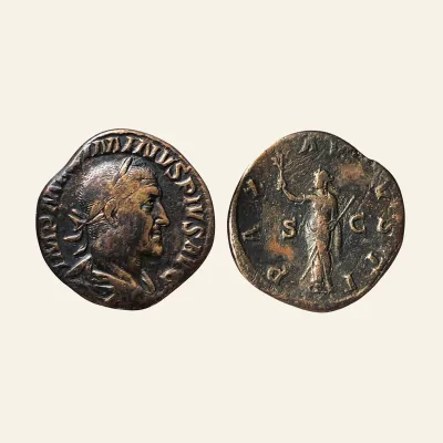 Reverse, of the sestertius, for MAXIMINUS I. 235-238 AD. Æ Sestertius (22.57 gm). Struck 235 AD., 238 AD