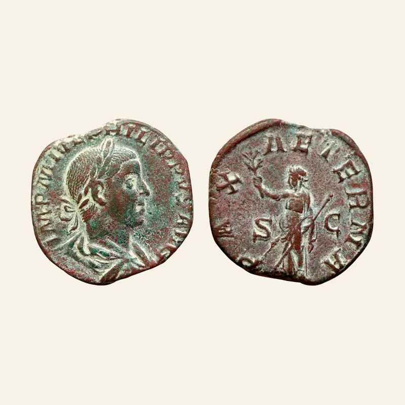 Obverse, of the sestertius, for Philip II Æ Sestertius. Rome, AD 246-249., mint of Rome, 246-249