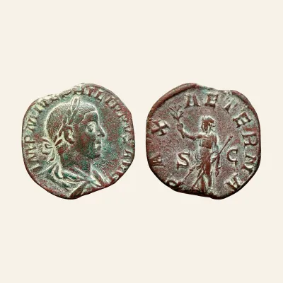 Reverse, of the sestertius, for Philip II Æ Sestertius. Rome, AD 246-249., mint of Rome, 246-249