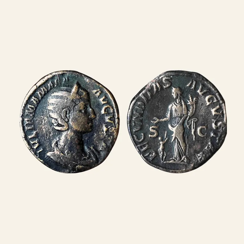 Obverse, of the sestertius, for Julia Mamaea, Augusta, 222-235. AE Sestertius. Rome, 232., mint of Rome, 222-235