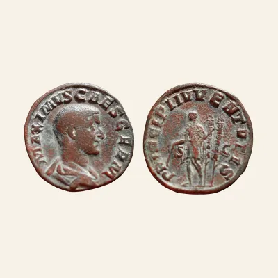 Reverse, of the sestertius, for MAXIMUS (Caesar, 235/6-238). AE Sestertius. Rome. RIC 13, mint of Rome
