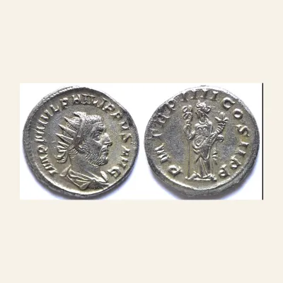 Avers, du antoninianus, pour Philip I. AD 244-249. Antoninianus (Silver, 4.54 g), Antioch, 247., atelier de Antioch...