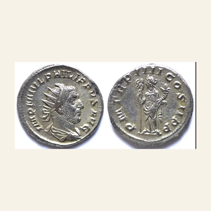 Obverse, of the antoninianus, for Philip I. AD 244-249. Antoninianus (Silver, 4.54 g), Antioch, 247., mint of Antioch...
