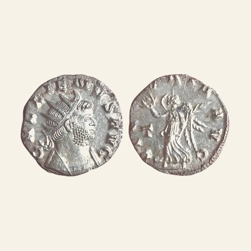 Obverse, of the antoninianus, for Gallienus. AD 253-268. Antoninianus (20mm, 3.57 g,). VICTORIA AVG, mint of Rome, 253-268