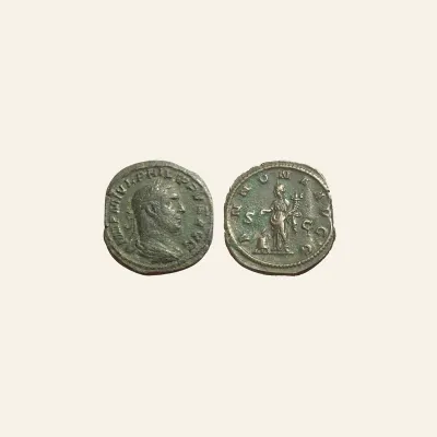 Reverse, of the sestertius, for Philip I. AD 244-249. Æ Sestertius (30mm, 19.24 g,). Rome mint, AD 246-24., mint of Rome...