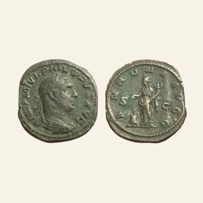 Reverse, of the sestertius, for Philip I. AD 244-249. Æ Sestertius (30mm, 19.24 g,). Rome mint, AD 246-24., mint of Rome...