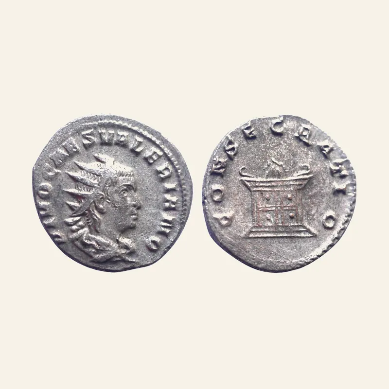 Obverse, of the antoninianus, for Divus Valerian II. Died AD 258. AR Antoninianus. Rome mint.AD 255/6-257., mint of Rome