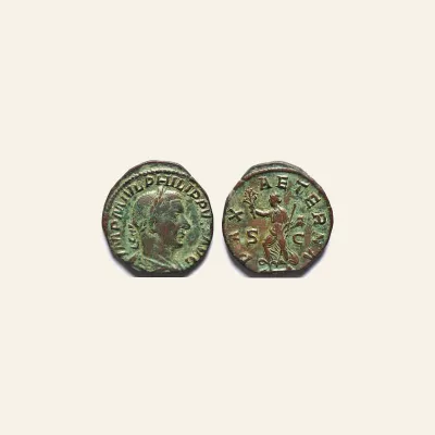 Reverse, of the sestertius, for Philip I. 244-249 AD. Sestertius, 14.50g.. Rome, 244 AD., mint of Rome, 249 AD