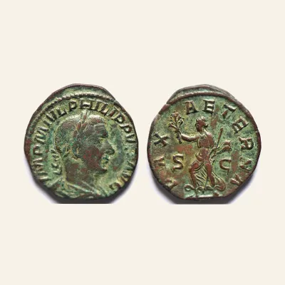 Reverse, of the sestertius, for Philip I. 244-249 AD. Sestertius, 14.50g.. Rome, 244 AD., mint of Rome, 249 AD