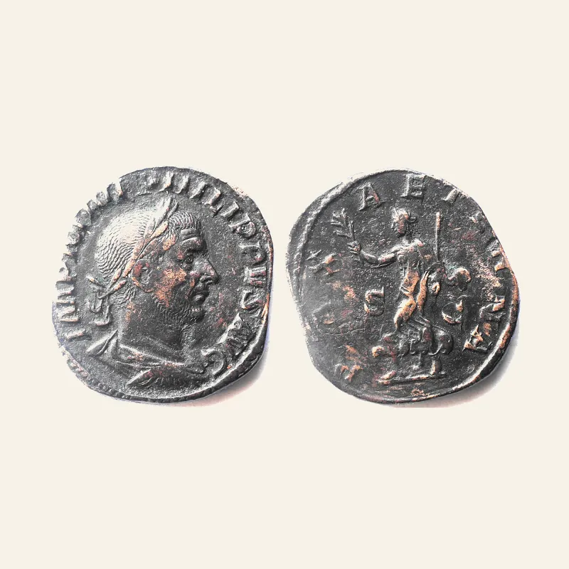 Obverse, of the sestertius, for Philip I. 244-249 AD. Sestertius, 18.46g. Rome, 244 AD., mint of Rome, 249 AD