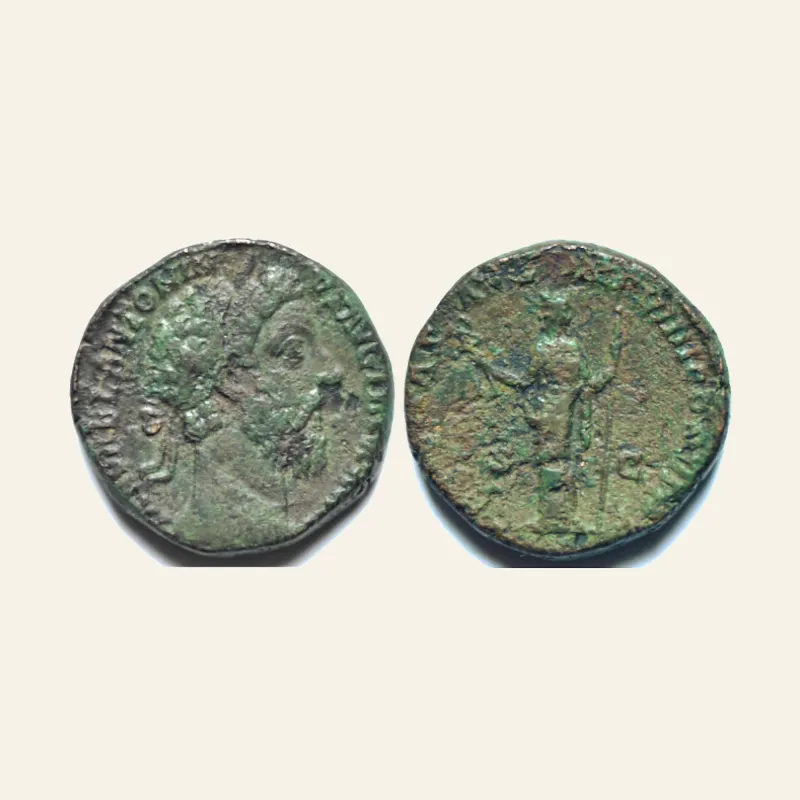 Obverse, of the sestertius, for Marcus Aurelius AE Sestertius.