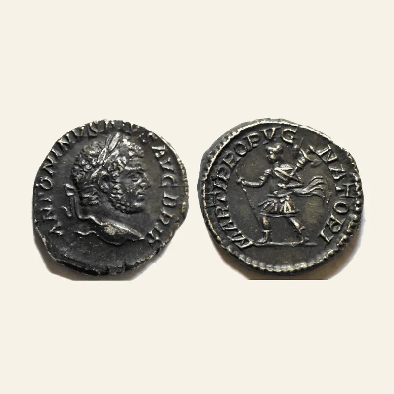 Obverse, of the denarius, for Caracalla augustus, 198 – 217 Denarius 210-213, AR 3.43 g., 198 – 217