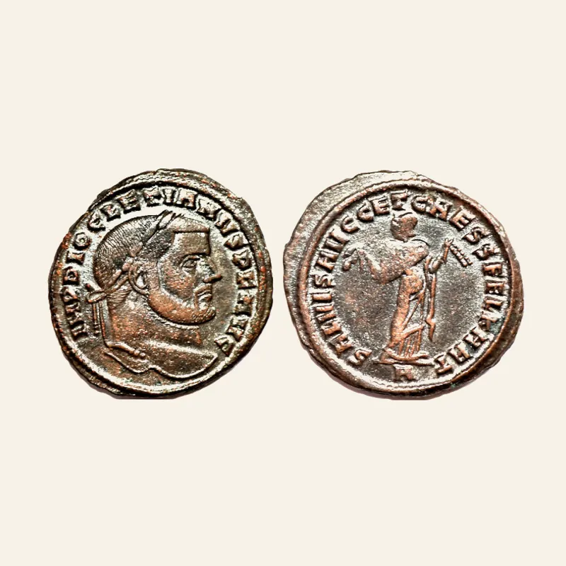Obverse, of the follis, for Diocletian. AD 284-305. Æ follis. Carthage mint, 1st officina. Struck circa AD 299-303., mint of...