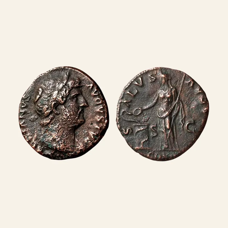 Obverse, of the as, for Hadrian Æ as. Rome, AD 124-128. SALVS, mint of Rome, 124-128