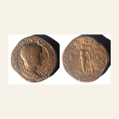 Reverse, of the sestertius, for Gordian III AE Sestertius VICTORIA AVG Victory, Palm Branch Rome RIC 258, mint of Rome, 239...