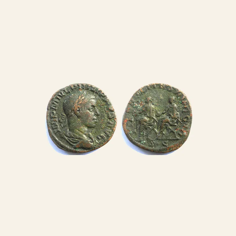 Obverse, of the sestertius, for PHILIP II Æ Sestertius. Philip I and II - LIBERALITAS AVGG III., mint of Rome