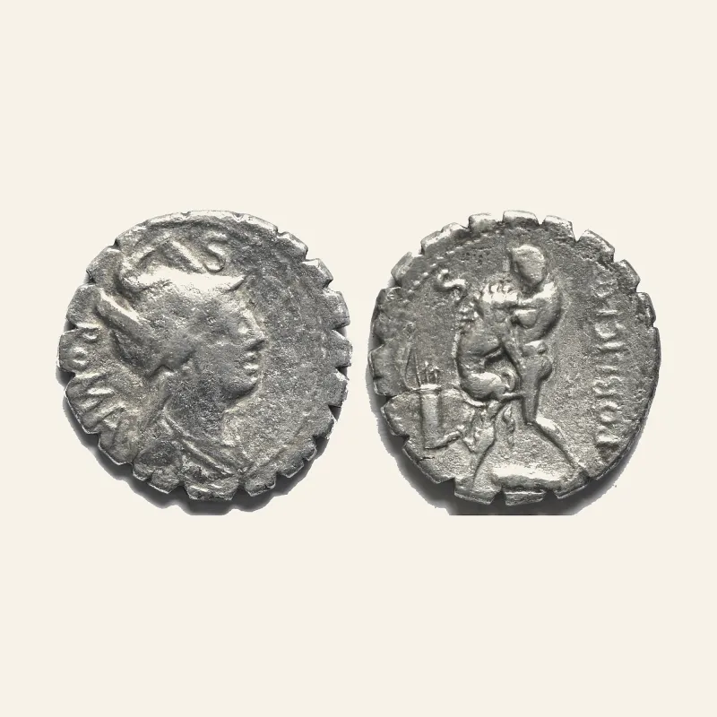 Obverse, of the denarius, for C. POBLICIUS Q.F. Serrate Denarius (80 BC). Rome., mint of Rome, 80 BC