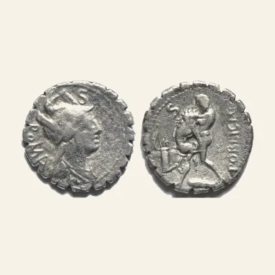 Reverse, of the denarius, for C. POBLICIUS Q.F. Serrate Denarius (80 BC). Rome., mint of Rome, 80 BC