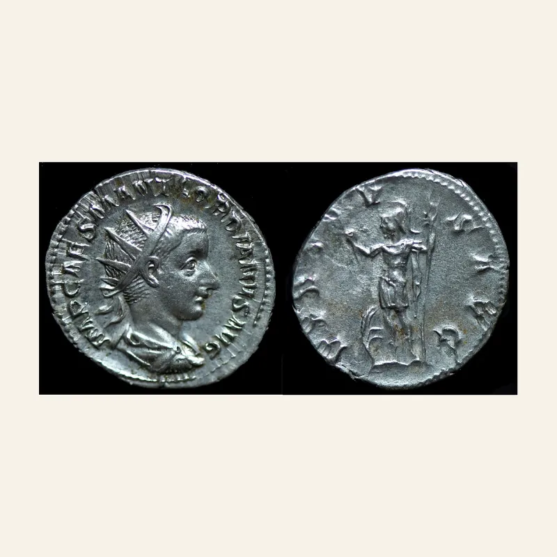Obverse, of the antoninianus, for Gordian III. Antoninianus. 240 AD. Rome. VIRTVS, mint of Rome, 240 AD