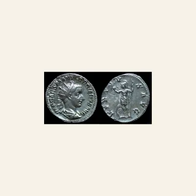 Reverse, of the antoninianus, for Gordian III. Antoninianus. 240 AD. Rome. VIRTVS, mint of Rome, 240 AD