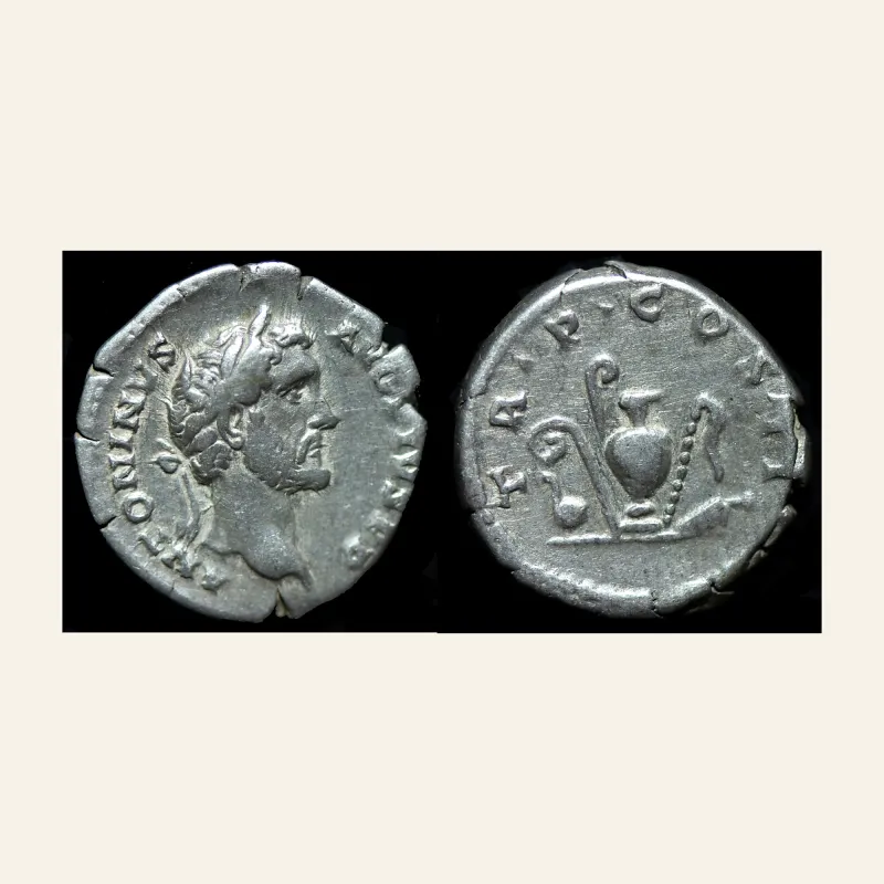 Obverse, of the denarius, for UNLISTED Antoninus Pius AR Denarius - sacrificial implements