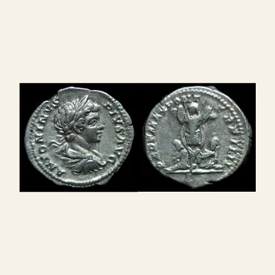 Avers, du denarius, pour CARACALLA. 198-217 AD. AR Denarius (3.52 gm). Struck 201 AD., 217 AD, RIC RIC IV 54b