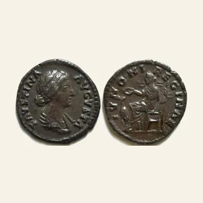 Avers, du denarius, pour FAUSTINA II (Augusta, 147-176). Denarius. Rome., atelier de Rome, 147-176, RIC RIC 698 (Marcus...