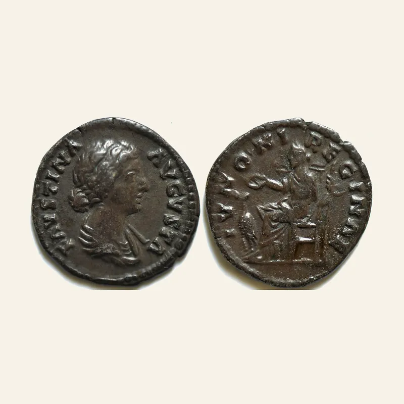 Obverse, of the denarius, for FAUSTINA II (Augusta, 147-176). Denarius. Rome., mint of Rome, 147-176