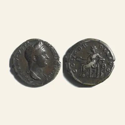 Reverse, of the denarius, for Sabina (wife of Hadrian) AR Denarius. Rome Mint 129 AD., mint of Rome, 129 AD