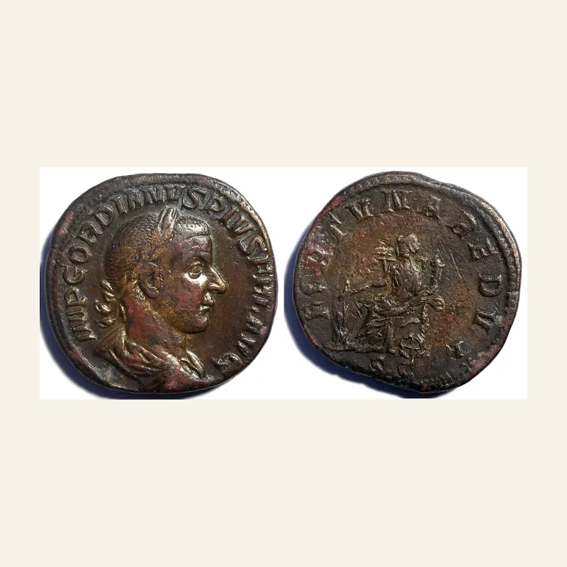Obverse, of the sestertius, for Gordian III. AD 238-244. Æ Sestertius (30mm, 22.69 g,). Rome mint, AD 243-244., mint of...