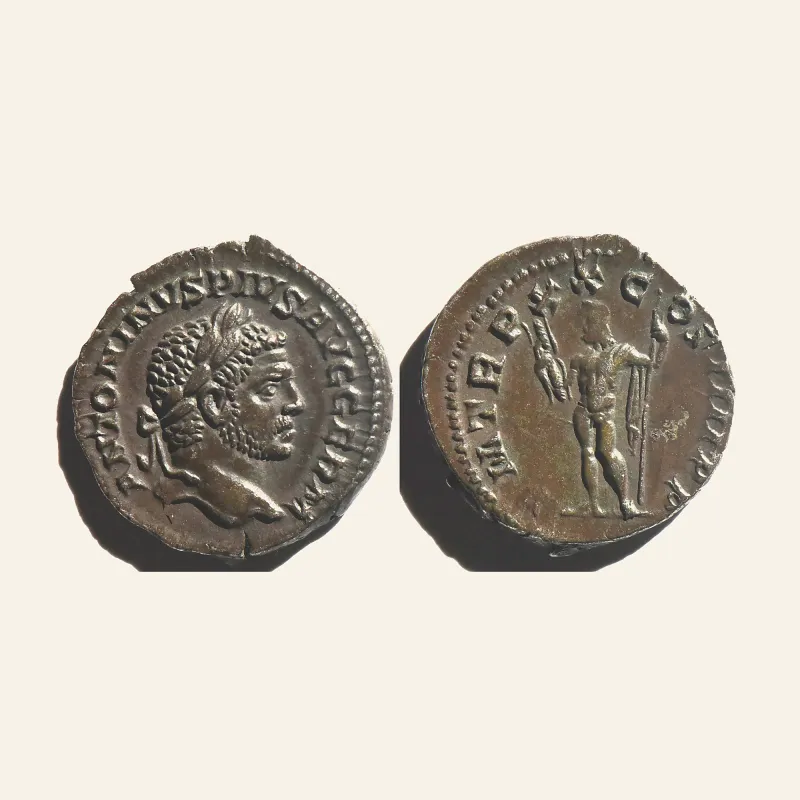 Obverse, of the denarius, for Caracalla, 198 – 217 AR Denarius Rome 217 (3.11 g.), mint of Rome, 198 – 217