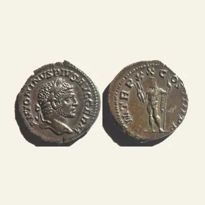Reverse, of the denarius, for Caracalla, 198 – 217 AR Denarius Rome 217 (3.11 g.), mint of Rome, 198 – 217