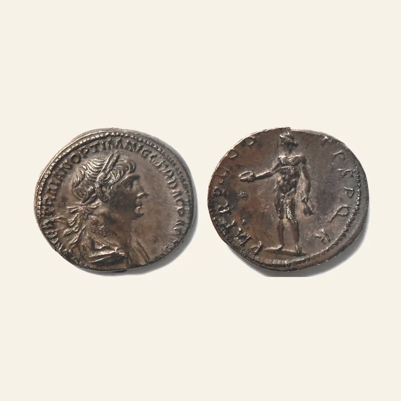Obverse, of the denarius, for Trajan Silver Denarius Genius Nude Rome RIC 349, mint of Rome, 117 AD