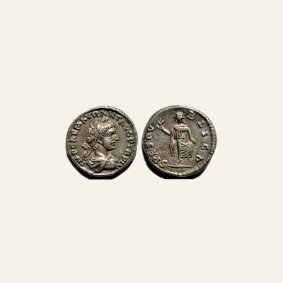Reverse, of the denarius, for Caracalla. A.D. 198-217. AR denarius. 3.24 gm. 18 mm. Laodicea mint. Struck A.D. 199., 198-217