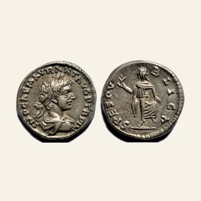 Reverse, of the denarius, for Caracalla. A.D. 198-217. AR denarius. 3.24 gm. 18 mm. Laodicea mint. Struck A.D. 199., 198-217