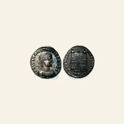 Reverse, of the as, for Constantius II as Caesar Billon centenionalis - Thessalonica mint - PROVIDENTIA CAESS, 8 AD