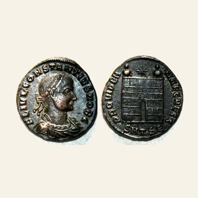 Reverse, of the as, for Constantius II as Caesar Billon centenionalis - Thessalonica mint - PROVIDENTIA CAESS, 8 AD