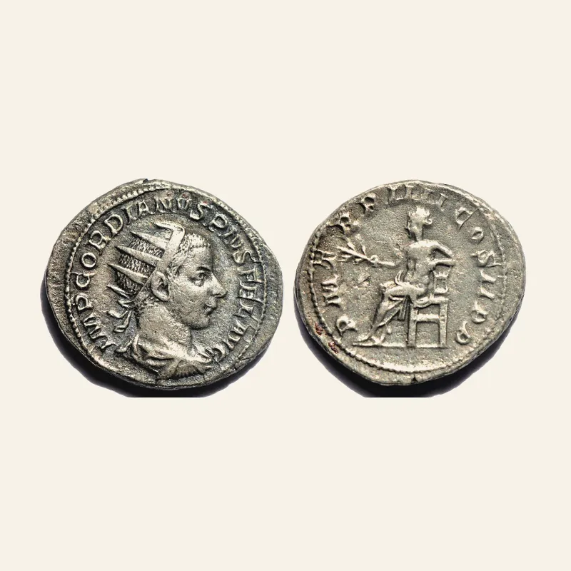 Obverse, of the antoninianus, for Gordian III. A.D. 238-244. AR antoninianus. 5.7 gm. 24 mm. Rome mint. Struck A.D. 241....