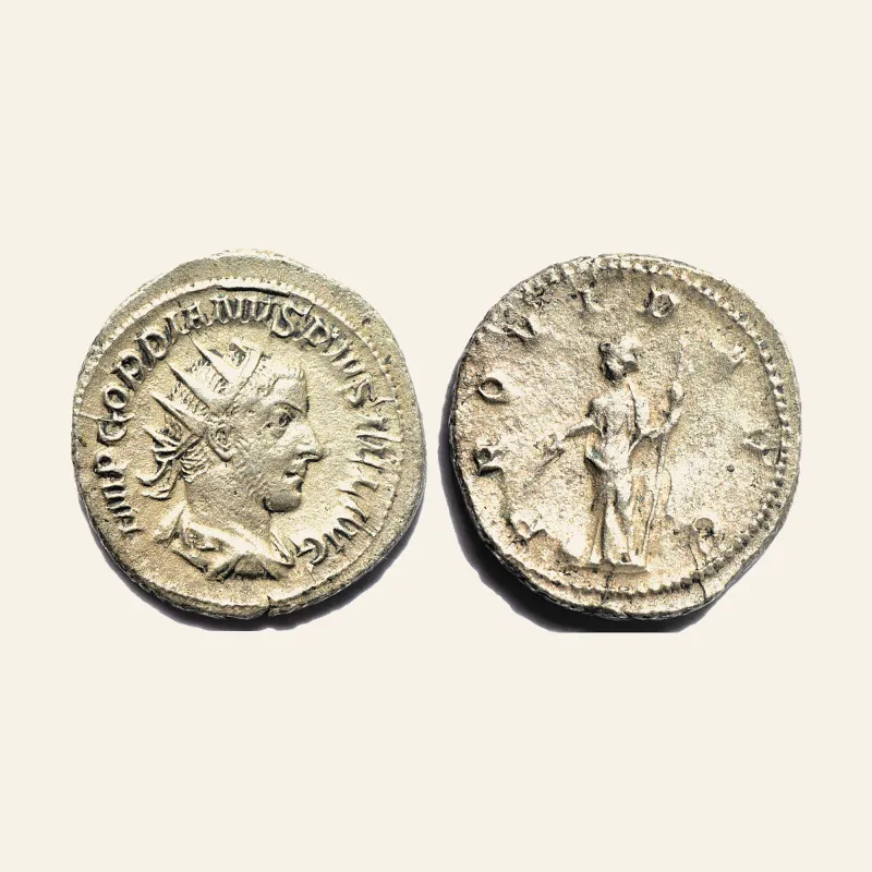 Obverse, of the antoninianus, for GORDIAN III. 238-244 AD. AR Antoninianus (23mm, 4.70 gm). Struck 240-244 AD., 244 AD