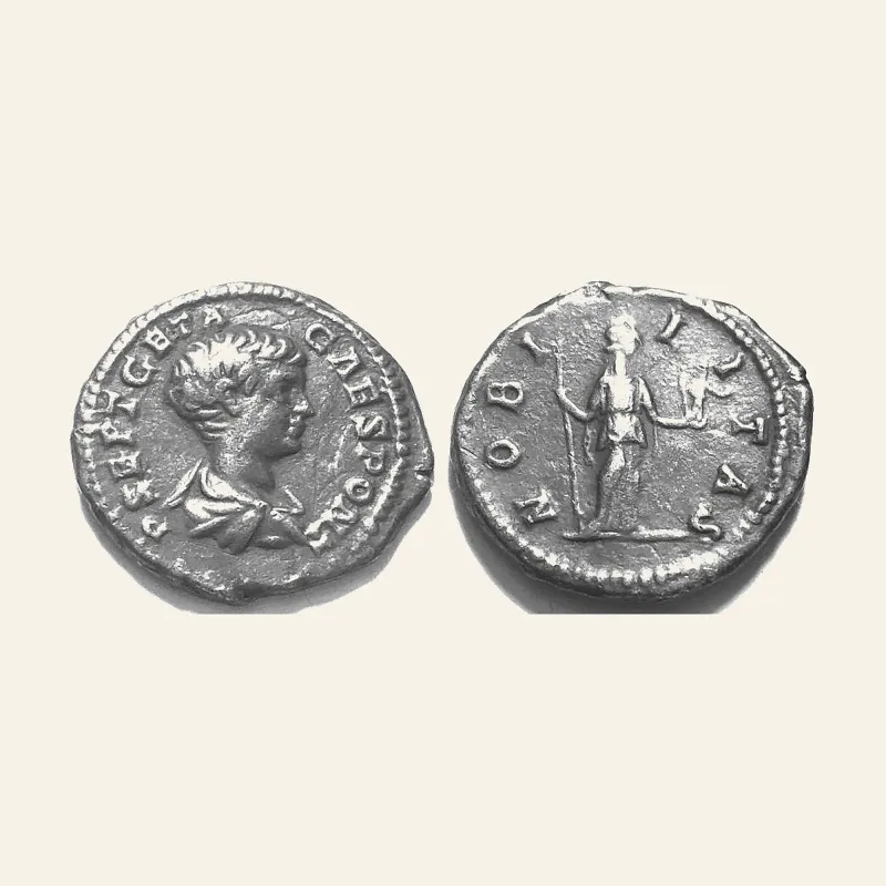 Obverse, of the denarius, for Geta as Caesar. 198-209 AD. Denarius. NOBILITAS, 209 AD