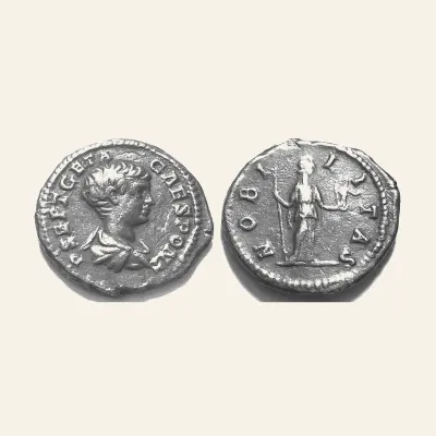 Reverse, of the denarius, for Geta as Caesar. 198-209 AD. Denarius. NOBILITAS, 209 AD