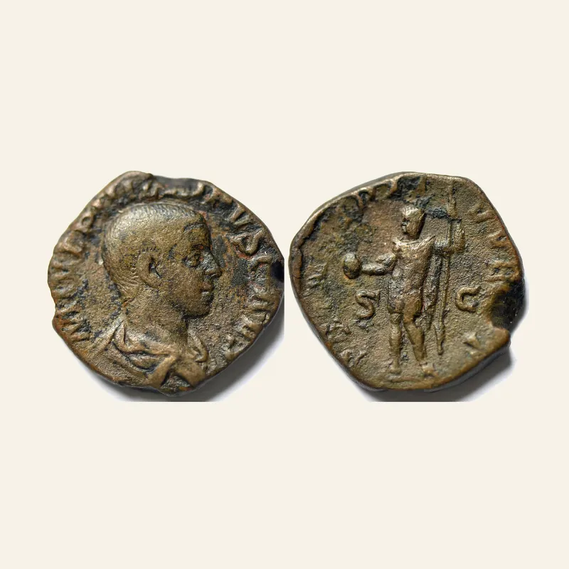 Obverse, of the sestertius, for PHILIP II. as Caesar, 244-247 AD. Æ Sestertius (15.2 gm, 28mm)., 247 AD