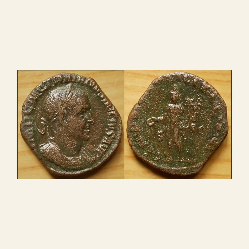 Obverse, of the sestertius, for Trajan Decius. AE Sestertius. 249-251 AD. Rome. GENIVS, mint of Rome, 251 AD